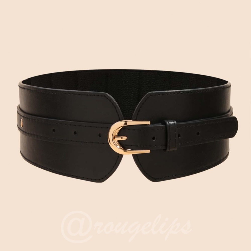 PU Wide Black Belt Gold Tone Buckle